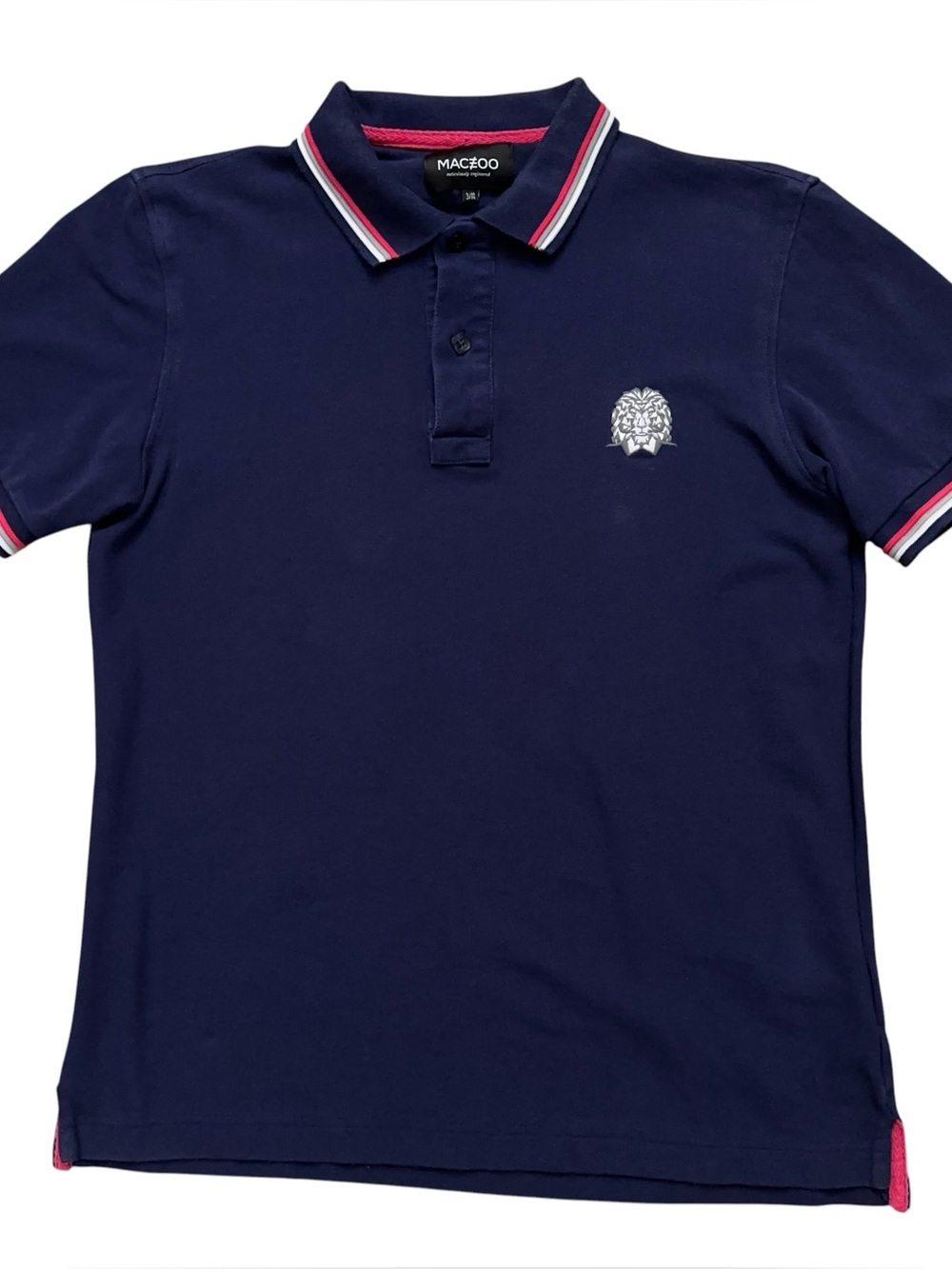 Maceoo Polo Shirt Mens Size M Short Sleeve Lion Crest Logo Pique Cotton Blue